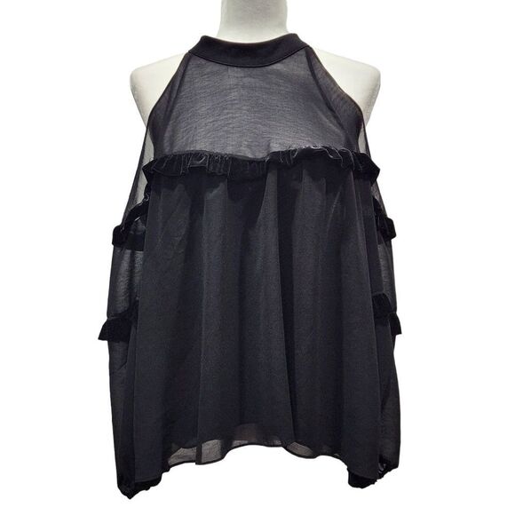 MISA Los Angeles Black Pippa High-Neck Cold-Shoulder Blouse, M - Picture 2 of 12